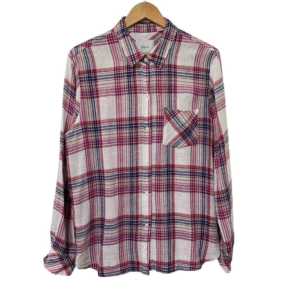 Rails Women's Charli Plaid Linen Blend Button Shirt Size L Pink Beachy Coastal